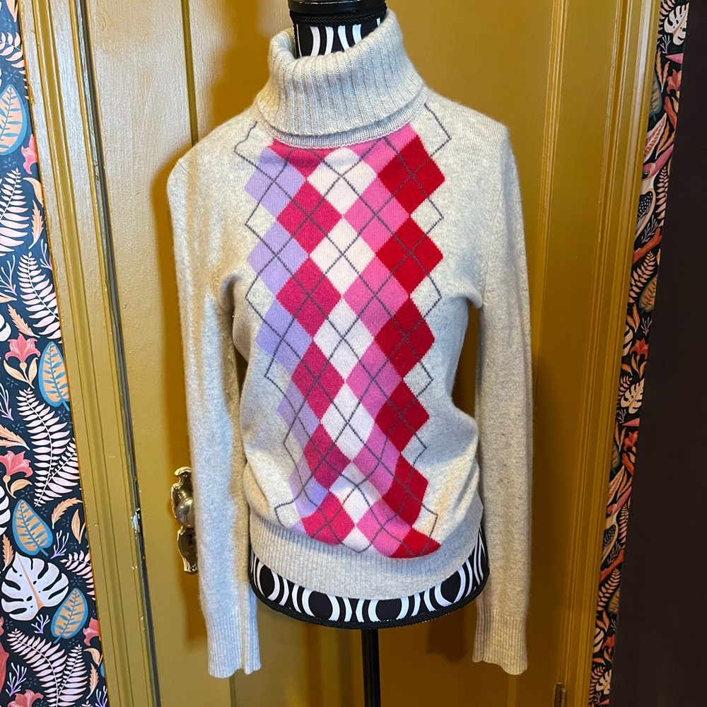 Vintage 100% Cashmere Argyle Pink Turtleneck Size M